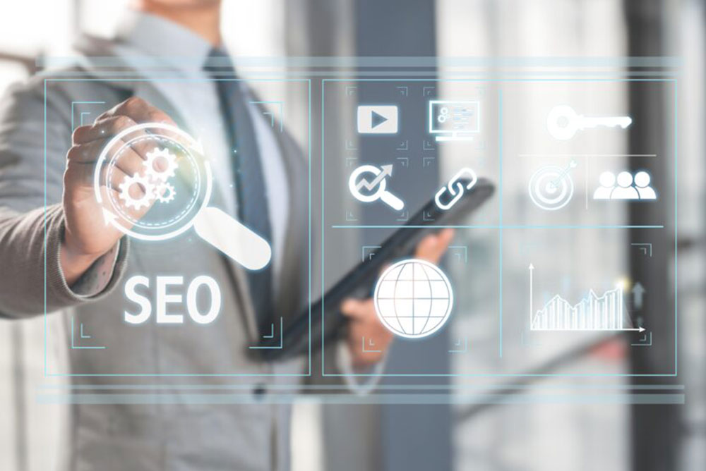 a Professional Interacting with a Digital Interface Displaying Seo Icons Emphasizing Seo Tips for Photographers and the Compounding Power of Seo