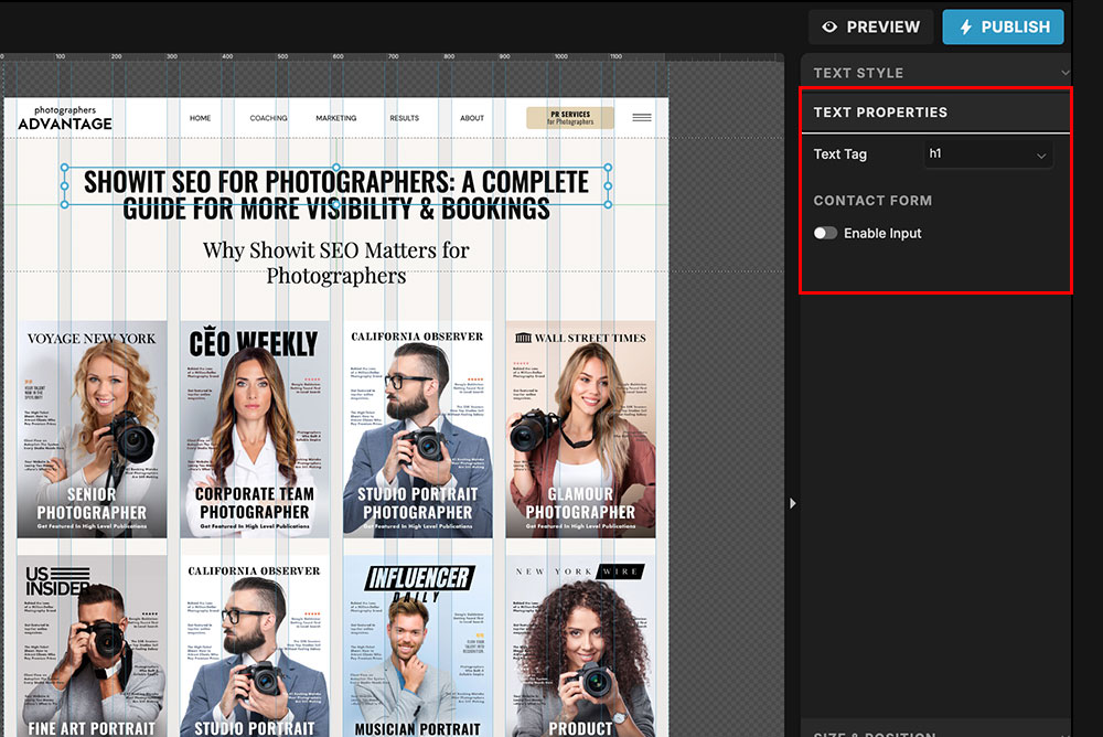 Screenshot of a Showit Editor with H Text Properties Being Set for a Blog on Showit Seo for Photographers
