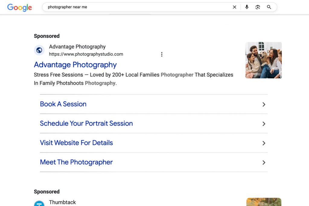 Google search results showing a photography business ad, representing how reviews about photographers impact visibility and trust online.