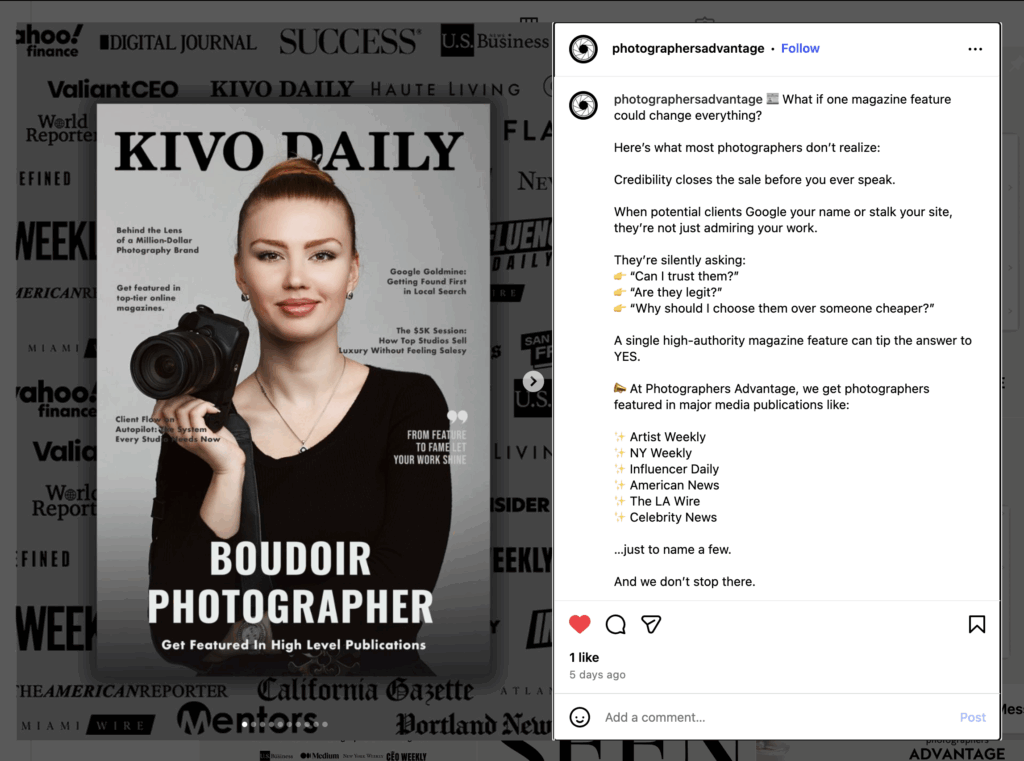 Magazine Cover of a Boudoir Photographer Featured in Kivo Daily Illustrating the Power of Pr and Instagram for Building Authority
