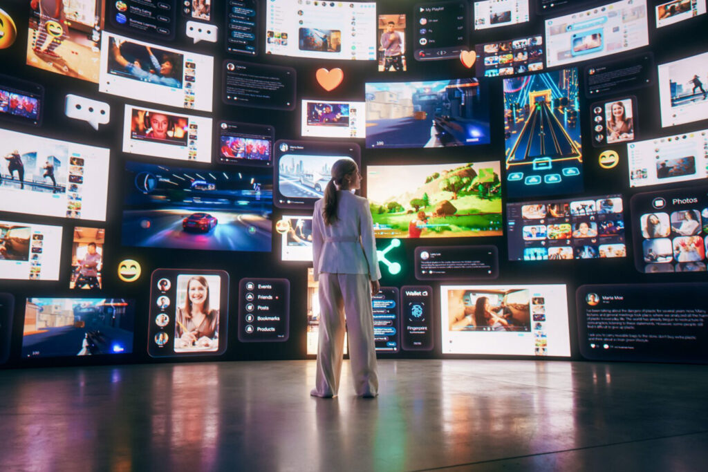 Woman standing in front of a large digital wall of social media and video content, symbolizing Content Marketing for Photographers.