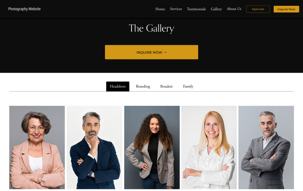 Photography Website Gallery Page Showcasing Professional Headshots As Part of Gallery Pages That Sell