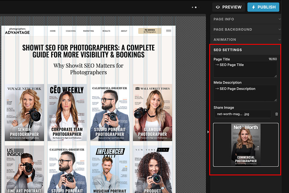 Screenshot of a Showit Website Editor with Seo Settings and Magazine style Photographer Covers Illustrating Showit Seo for Photographers